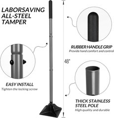 Steel Tamper with 48 Inch Handle 8″X8″ Garden Tamper with Rubber Grip All-Steel