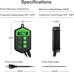 Digital Heat Mat Thermostat Controller, 40–108 ºF 1000W for Reptiles, Seedlin…