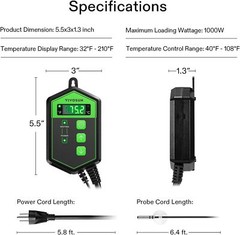 VIVOSUN Digital Heat Mat Thermostat Temperature Controller 40–108 ºF for Seed